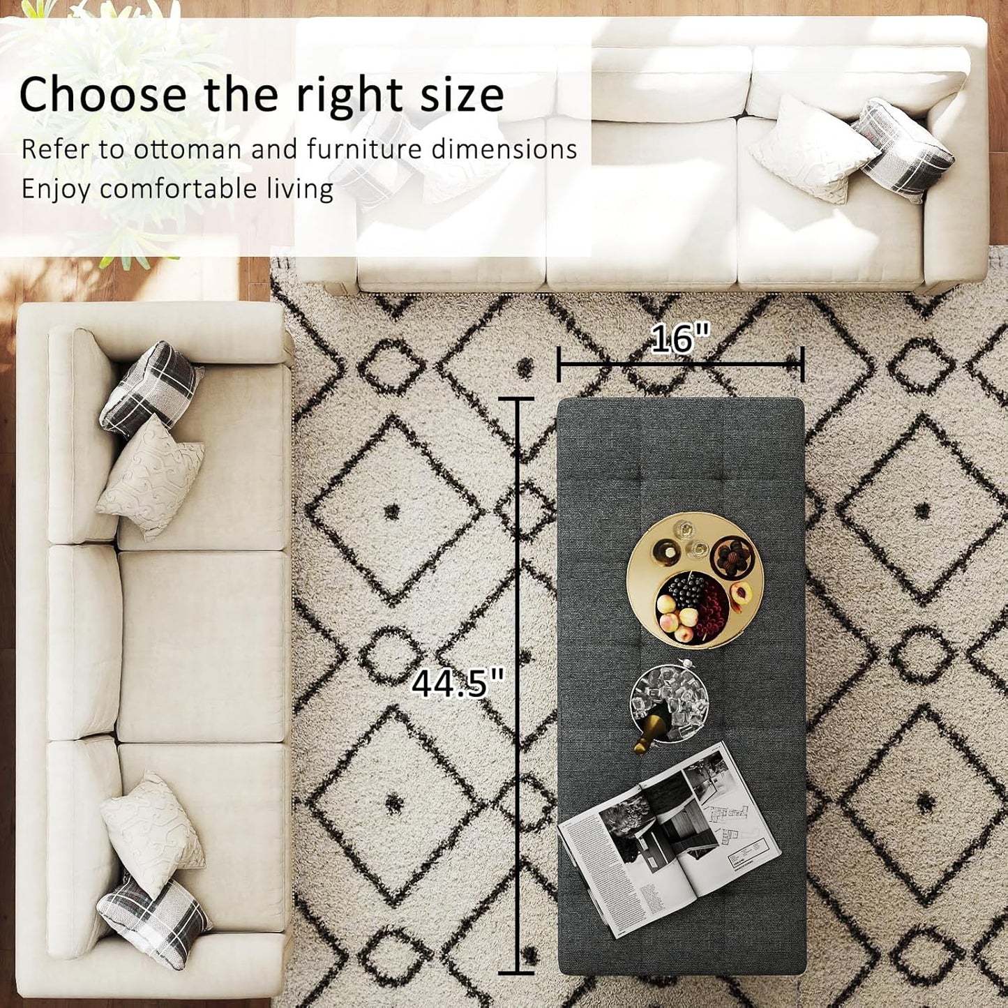 Large Rectangular Upholstered Ottoman Bench, Linen Tufted Footrest Ottoman with Solid Wood Shelf Storage Coffee Table for Bedroom Living Room, Dark Gary