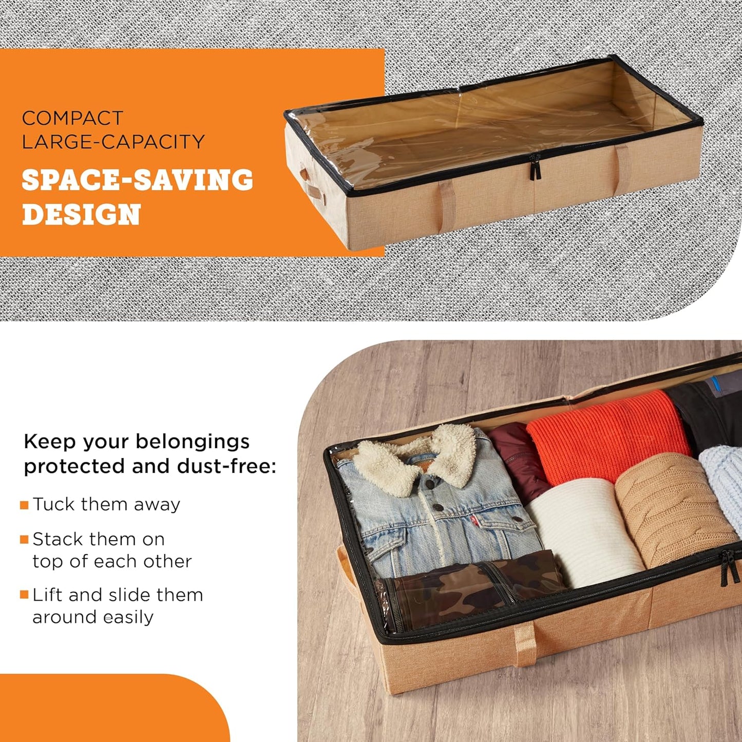 storageLAB Under Bed Storage Containers, Closet Organizers with Sturdy Handles for Clothes, Comforters, and Accessories, Use Under or at the End of the Bed - 2 Pack, Reinforced, Beige