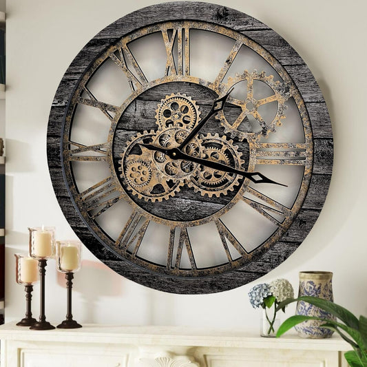 The Gears Clock The Original Real Moving Gear Wall Clock Vintage Industrial Oversized Rustic Farmhouse (24 inch (60cm), Vintage Carbon Grey and Bronze)
