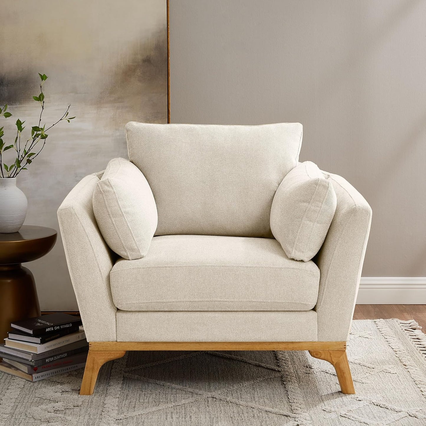 Large-Sized Accent Chair, Thick Cushion Bedroom Reading Chair, Comfortable Living Room Single Sofa， Linen Gray