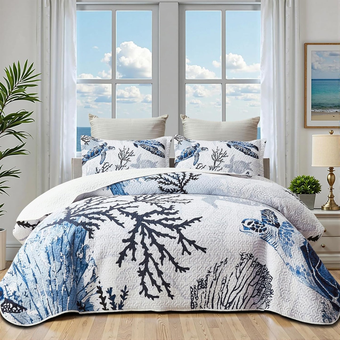 Coastal Bedding King Size Coastal Quilt with 2 Shams, Nautical Beach Comforter Sets Ocean Bedspreads Blue Seaturtle Coverlet Summer Bedding, 96''x106''