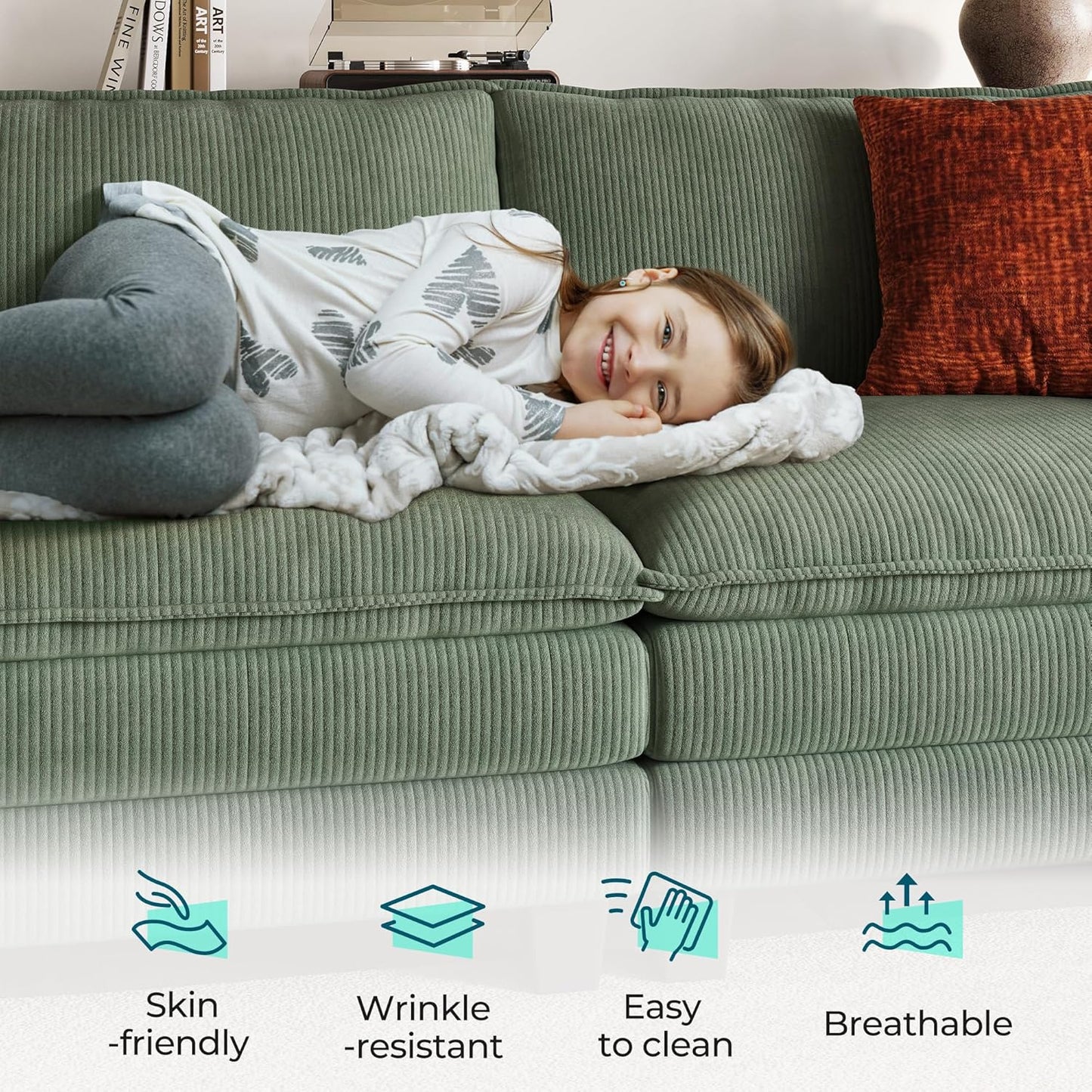 LINSY HOME Sectional Loveseat Sofa - 90'' Oversized Corduroy Cloud Couch Soft Modern Comfy Green Loveseat Couch Deep Seat Couches for Living Room Bedroom Apartment Office, Green