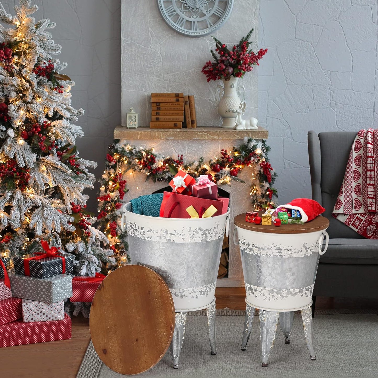 Rustic Storage Farmhouse Accent Side Table, Antique Galvanized Metal End Coffee Cocktail Table Box Bin with Round Wooden Lid Set of 2 (Distressed White)