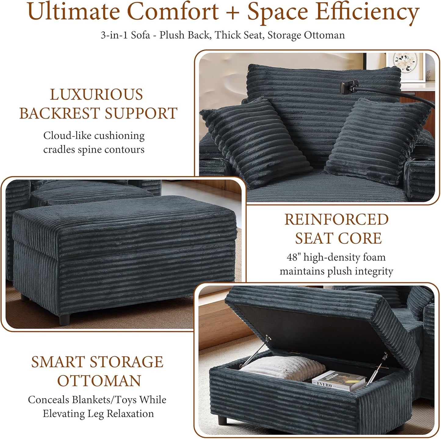 Accent Chair with Storage Ottoman Upholstered Living Room Chairs for Reading Chair with Chaise Lounge Chairs Indoor, Comfortable Armchair for Bedroom