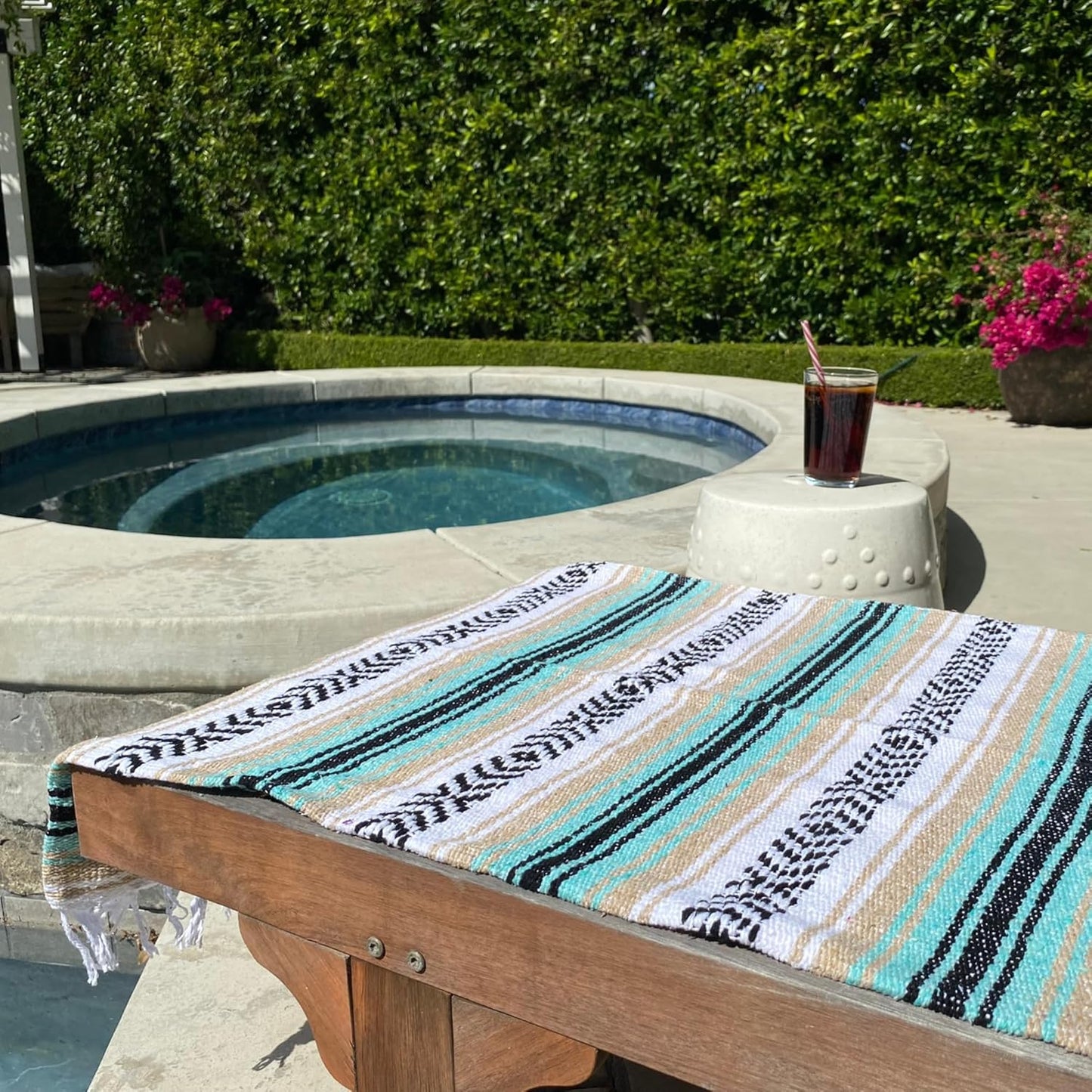 Del Mex Classic Mexican Blanket, Large Authentic Woven Falsa Throw (70"x50"), Artisan Southwest Décor for Beach, Yoga, Outdoors (Mint/Tan)