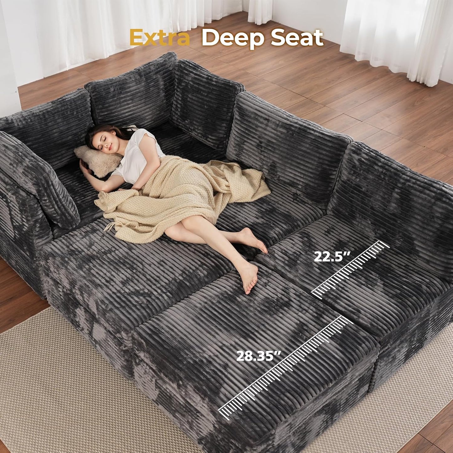 HOOOWOOO Modular Sectional Sofa,8 Pieces Sectional Couches for Living Room,164X66 L Shaped Cloud Couch with Ottoman Chaise Set(Grey Velvet Corduroy)