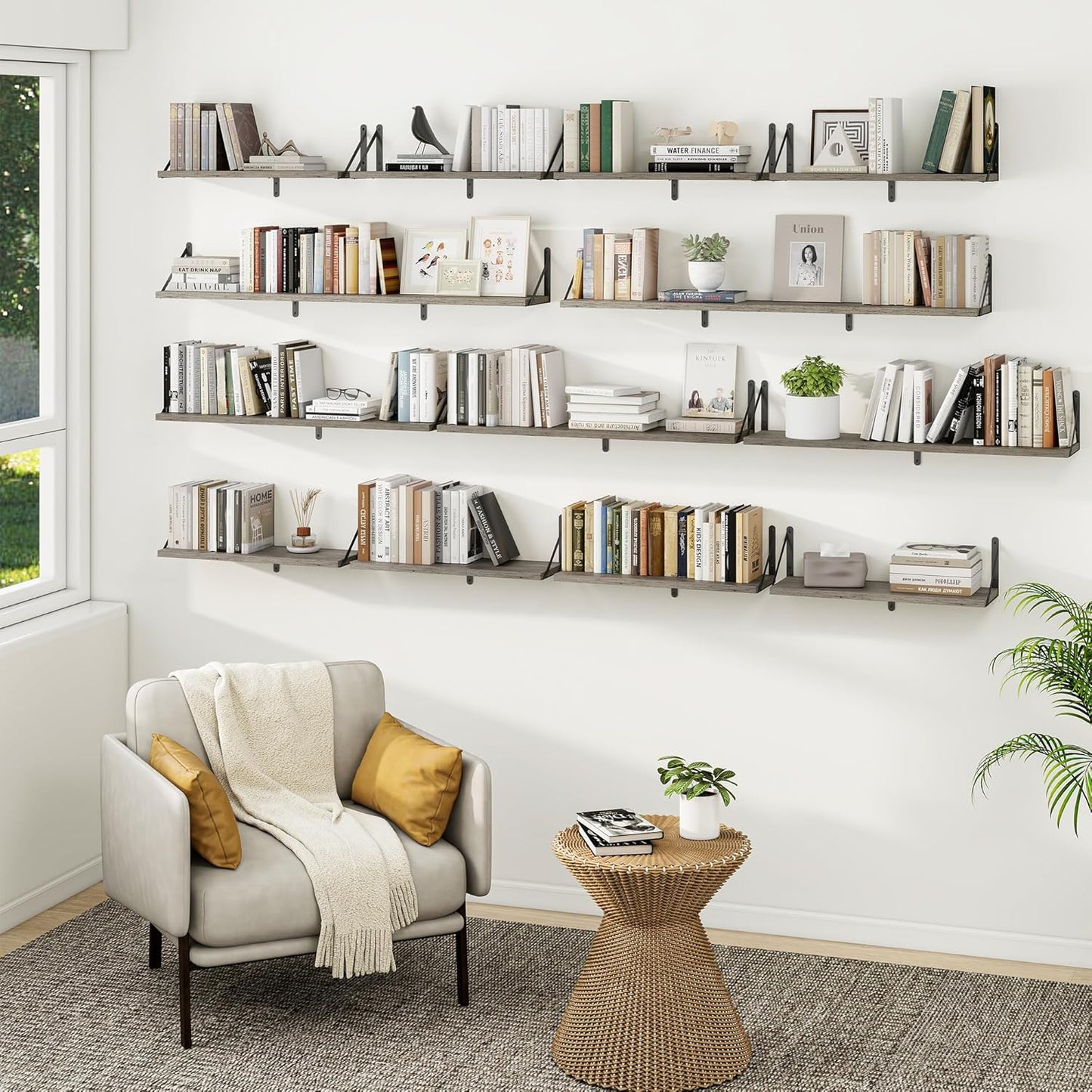 Heimlove 48 Inch Large Floating Bookshelves Set of 3,Wall Mounted Bookshelves,Heavy Duty Bracket Shelves for Living Room,Bedroom,Kitchen,Laundry Room Storage & Decor,Rustic Silver Grey