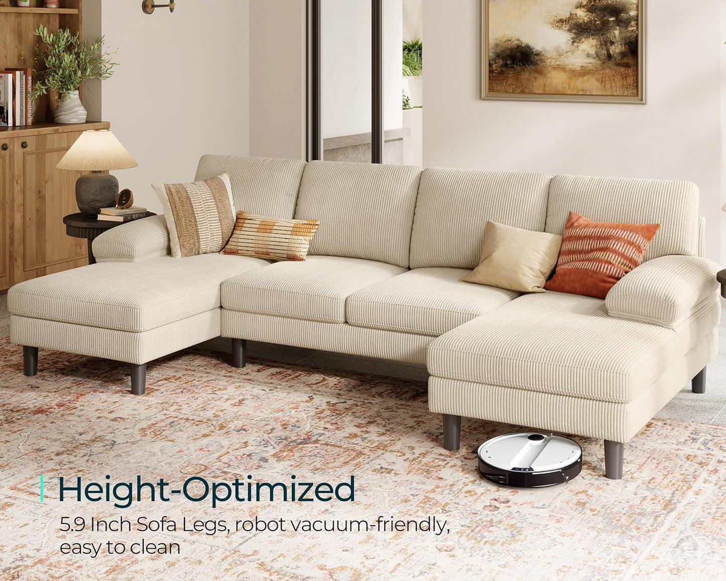 LINSY HOME Sectional Couch, 111'' W Corduroy U Shaped Sofa with Sleepable Armrests, 4 Seat Couch with Double Chaises, Deep Seat Sofa for Living Room, Beige