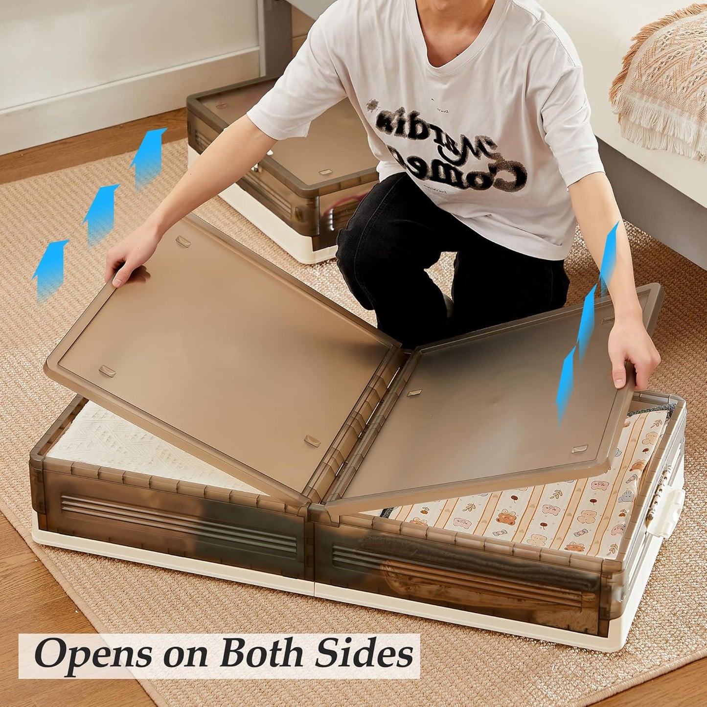 VECELO Under Bed Storage with Wheels, 2 Pack Stackable Under Bed Storage Containers, Underbed Storage Containers with Lids, Plastic Foldable Folding Box for Clothes Shoes, Grey