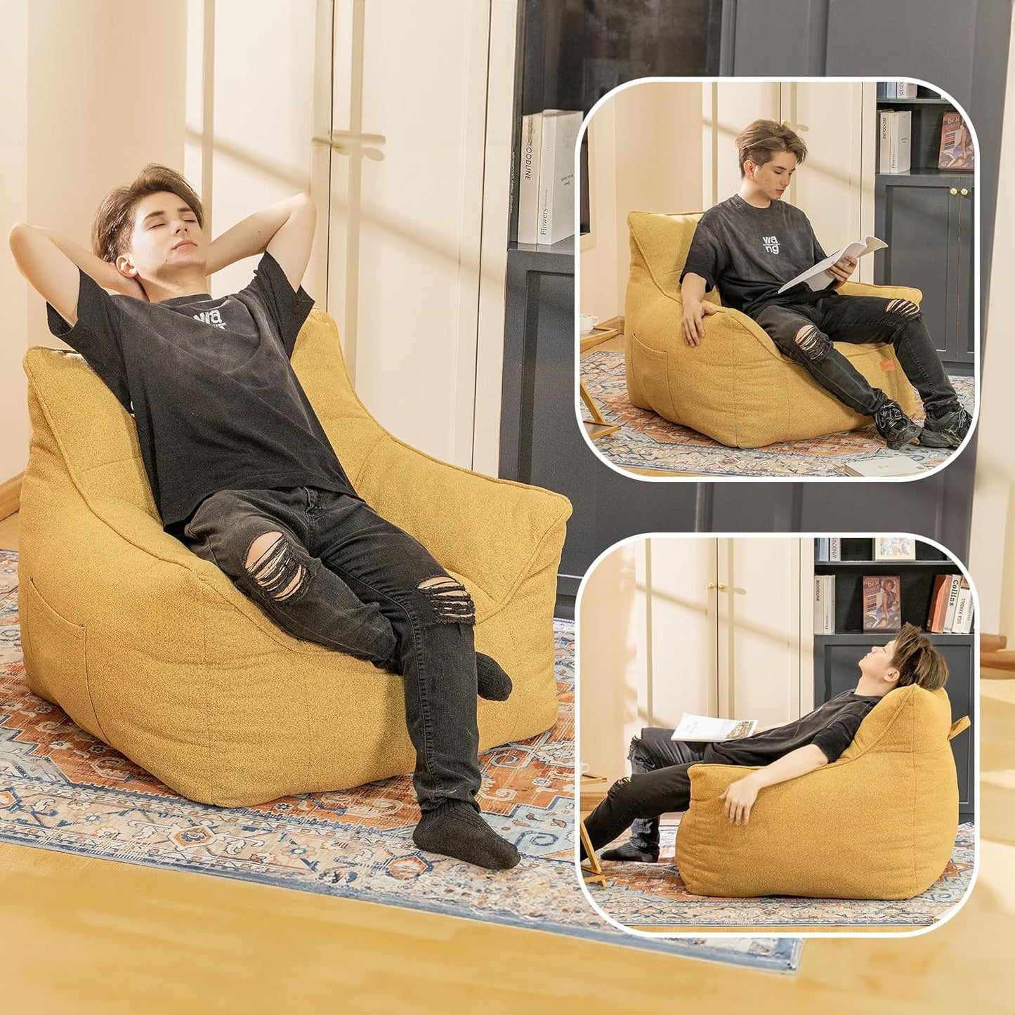 Bean Bag Chair for Adults, Comfy Tufted Bean Bag Chair Sofa with Armrests, Lazy Beanbag Chair with Foam Filler Stuffed Bean Bag Couch Sofa for Reading in Bedroom, Living Room and Dorms