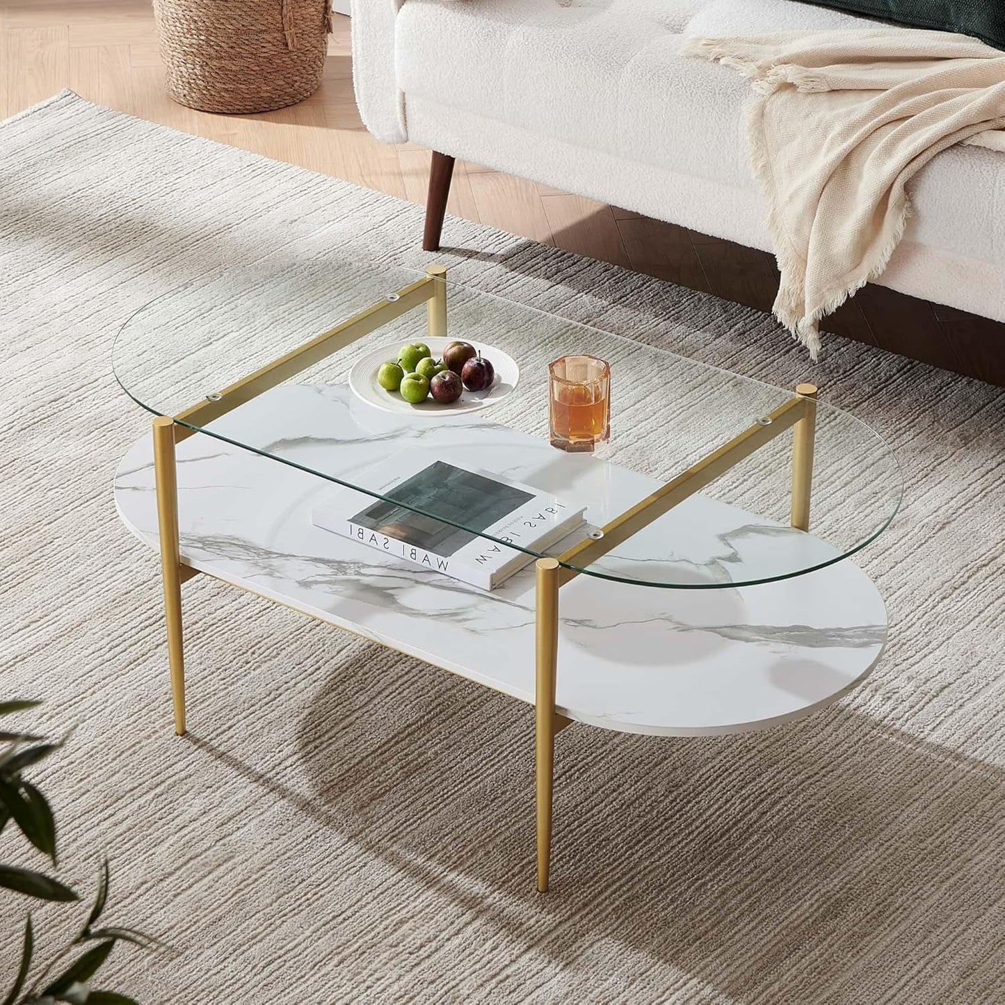 Oval Coffee Table, Mid-Century Modern Design, L41 x W21 x H17 inch, for Living Room, Clear Glass Top, White Marble Finish Wood Shelf & Gold Finish Frame
