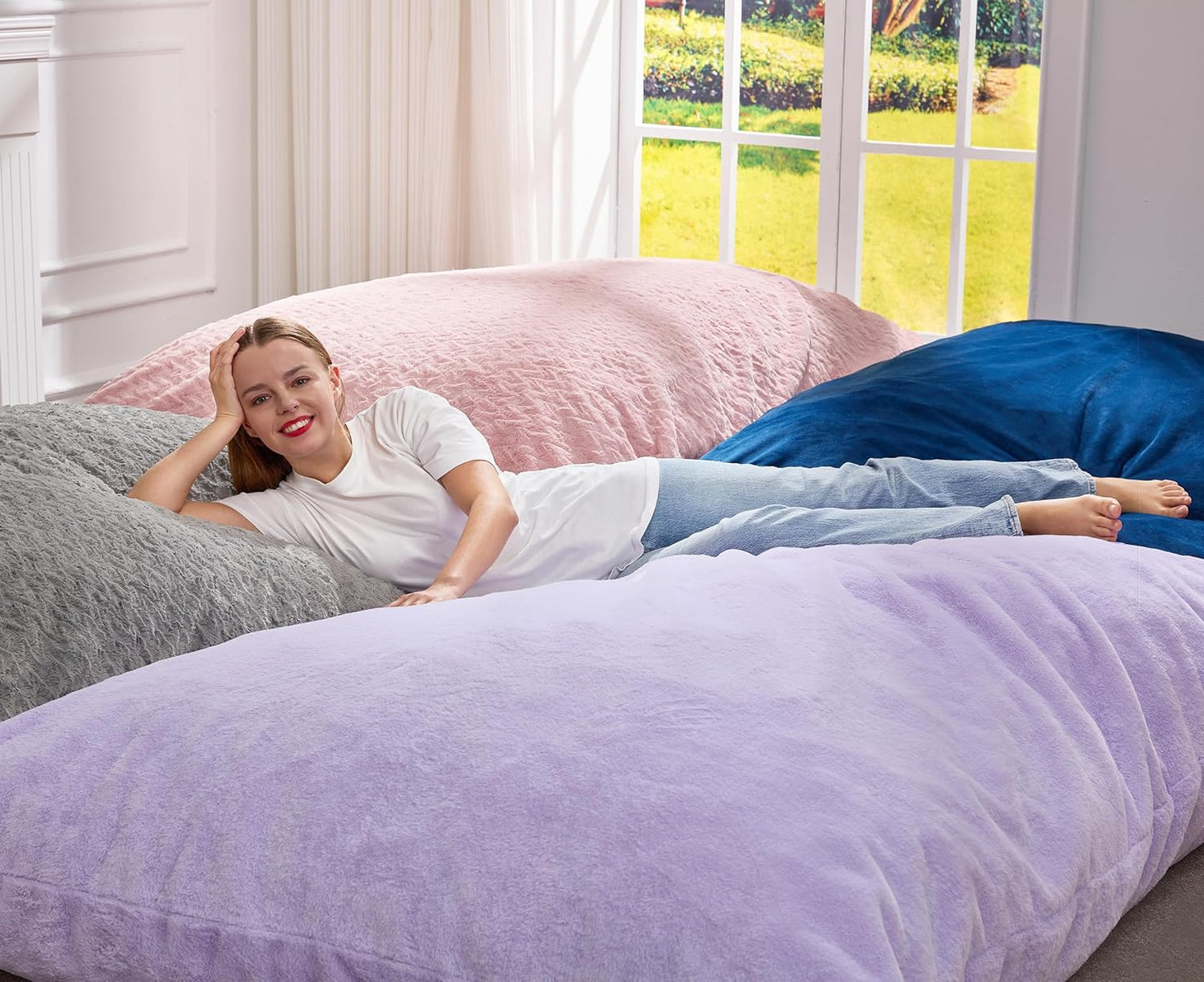 Hobestluk 3 in 1 Bean Bag Chair Giant Bean Bag Chairs for Adults with Plush Faux Fur Cover Convertible Bean Bag Floor Cushion with Machine Washable Cover for Living Room (Plush White)