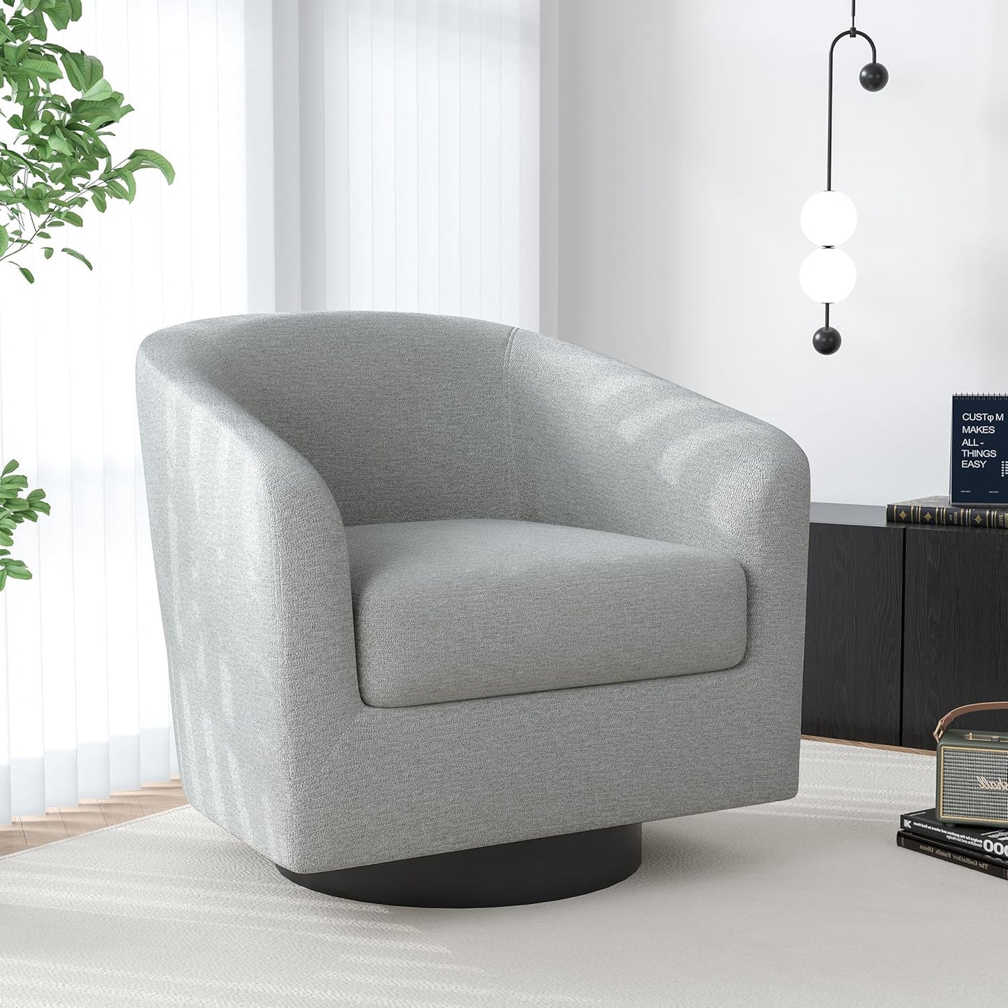 Swivel Barrel Accent Chair, Modern Round Chenille Fabric Arm Chair for Living Room, Bedroom, Comfy Club Reading Chairs for Adults（Chenille Fabric, Light Grey, Set of 1