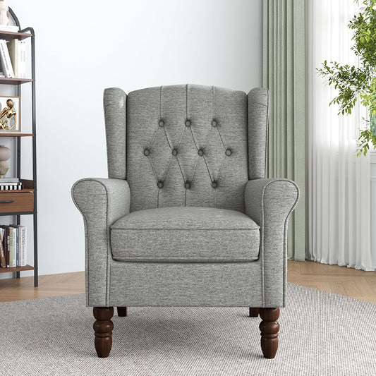 Lumibee High Back Accent Chair,Upholstered Wingback Armchair with Solid Wood Legs for Small Spaces,Comfy Single Sofa Chair for Living Room,Bedroom,Office-Light Gray