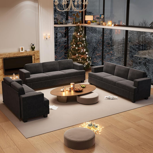 Sofa, 3 Piece Set Comfy Sofa, Loveseat & 2 3-Seater Couch with Deep Seats for Living Room, Modern Sleeper Couch, Dark Grey Chenille