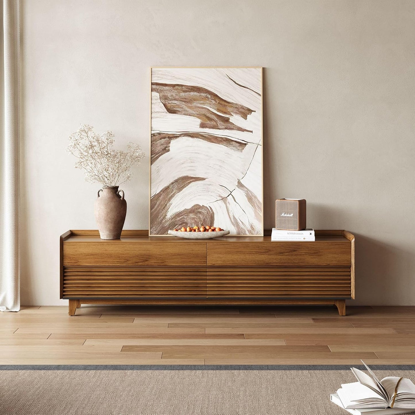 POVISON Fully-Assembled Mid Century Modern TV Stand with Legs, Wood Media Console with Adjustable LED Light, Entertainment Center with Storage for Living Room