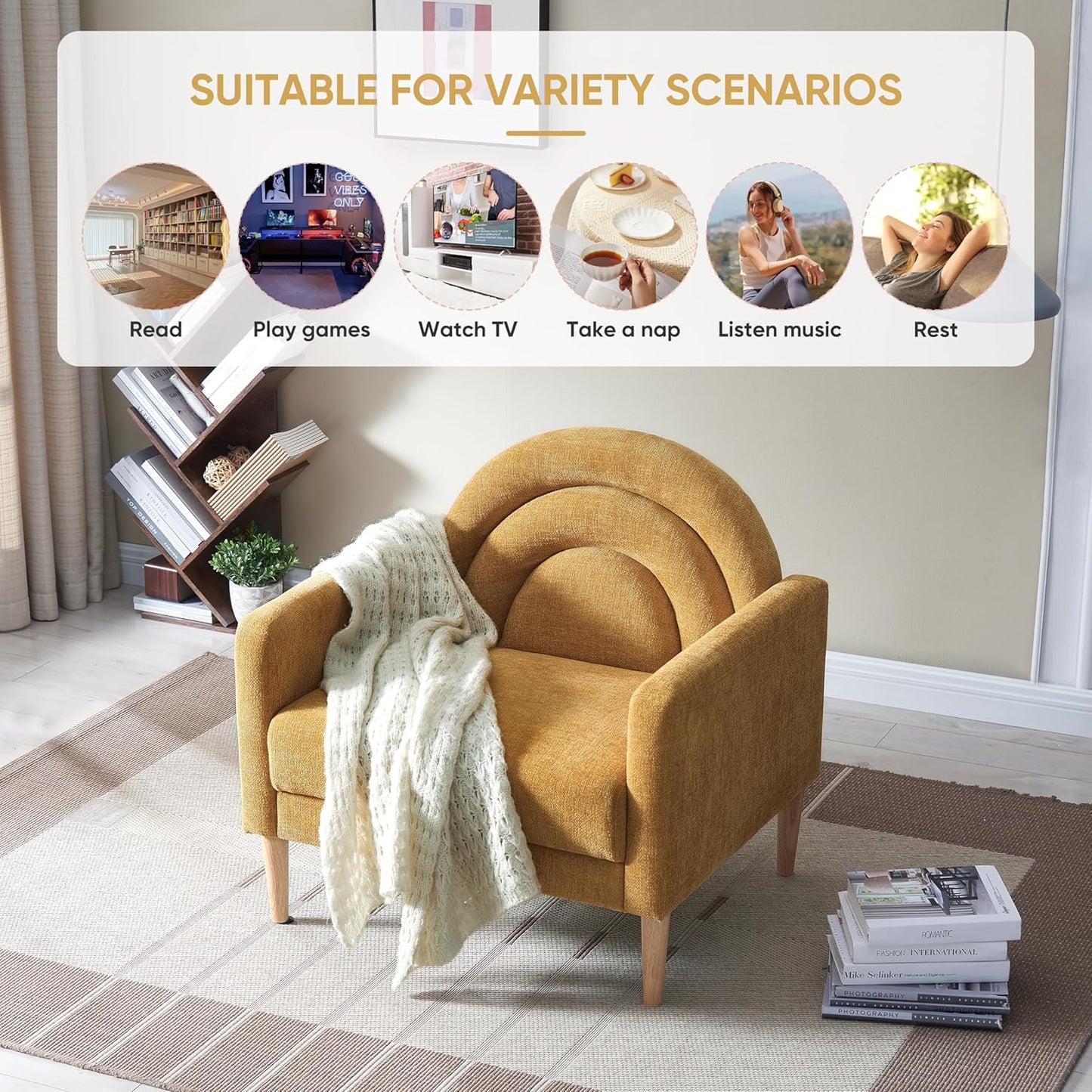 Accent Chair Reading Chair with Armrest, Small Comfy Chair for Small Spaces, Modern Linen Upholstered Armchair for Bedroom & Living Room, Single Sofa Chair with Wood Legs, Easy Assembly (Yellow)
