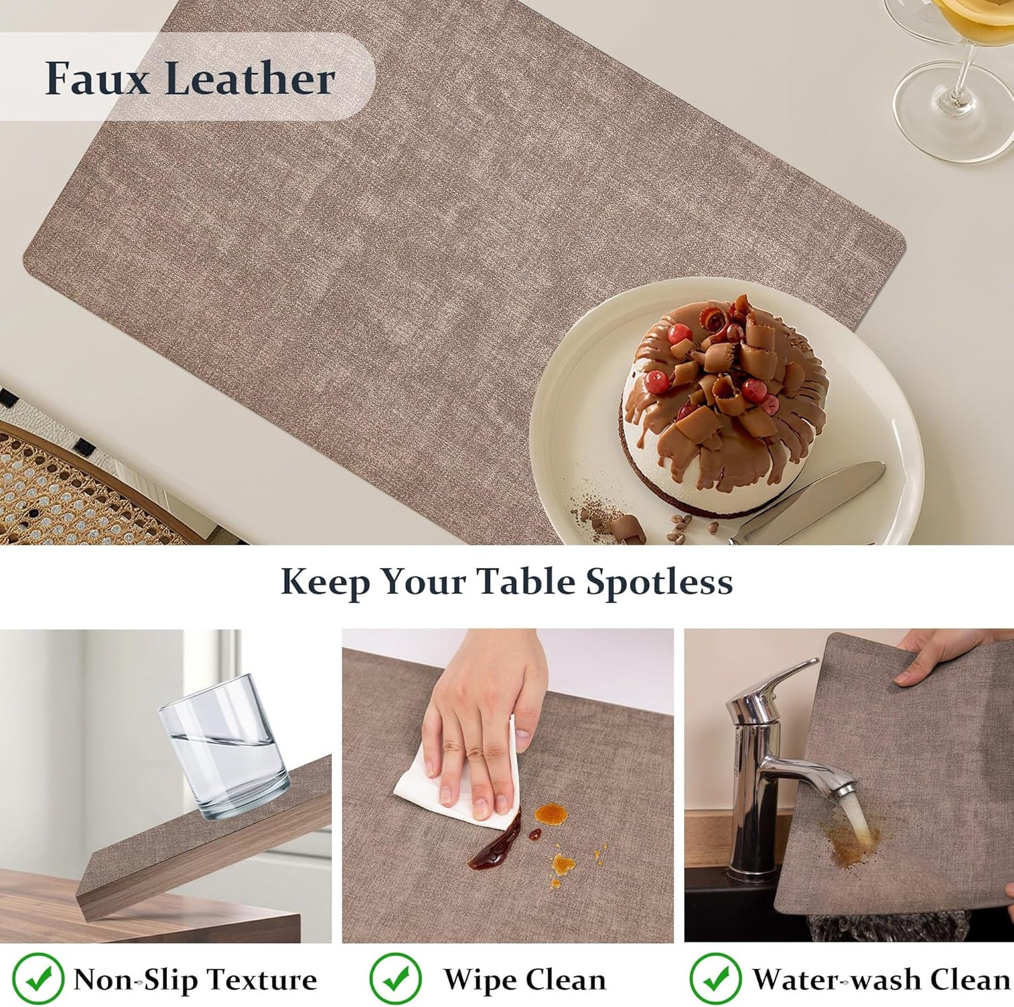 FROMHEART Faux Leather Placemats Set of 12–Waterproof,Heat/Oil Stain-Resistant PU Table Mat–Reversible,Non-Slip,Easy to Clean Place Mats for Kitchen,Dining,Indoor/Outdoor,(Dark Coffee,11.8" x 17")