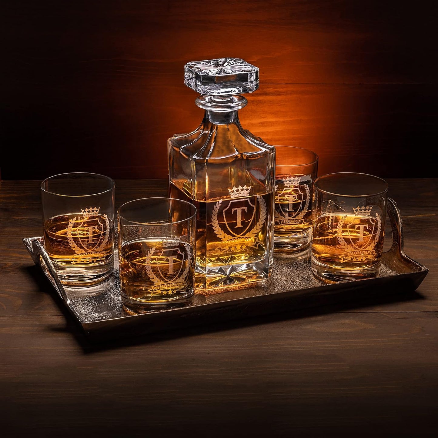 Gifts Inscribed Personalized Whiskey Decanter Set - Engraved Whiskey Decanter Bottle & Set of 4 Custom Drinking Glasses Laser Etched - Customized Whisky Gift for Wedding, Birthday, Fathers Day