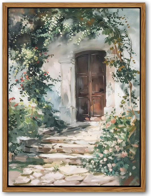 Floating Framed Canvas Vintage Wall Art, Rustic Cottage Spring Garden Oil Paintings Print, Country Floral Pictures Wall Decor for Living Room Bedroom Office Home Decor 16x24 inch