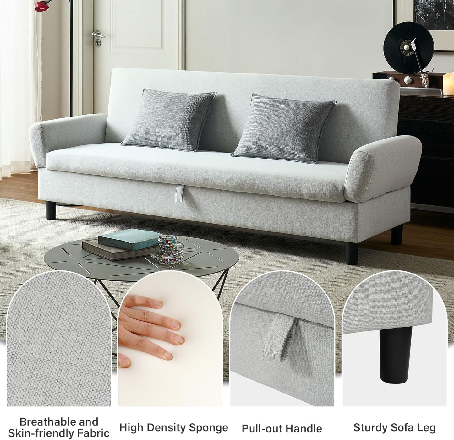 Convertible Futon Sofa Bed, 80.7" Adjustable Sleeper Sofa with Storage, 3-Seater Couch, 5-Position Reclining Back, 7" Thick Cushion, Twin Size Sofa for Small Spaces, Living Room, Bedroom, Dorm, Office