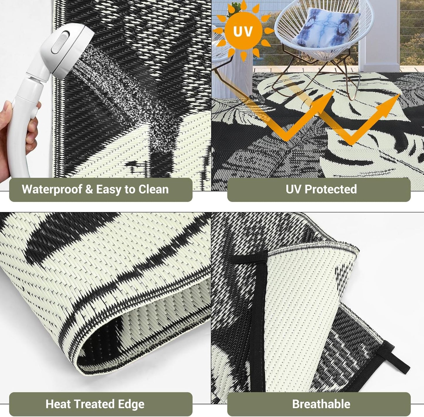 GAOMON Waterproof 8x10 Outdoor Rug Reversible Plastic Straw Rug Modern Patio Carpet, Foldable Lightweight RV Camping Mat with Portable Bag & 4 Stakes, UV Resistant & Sturdy for Picnic, Beige