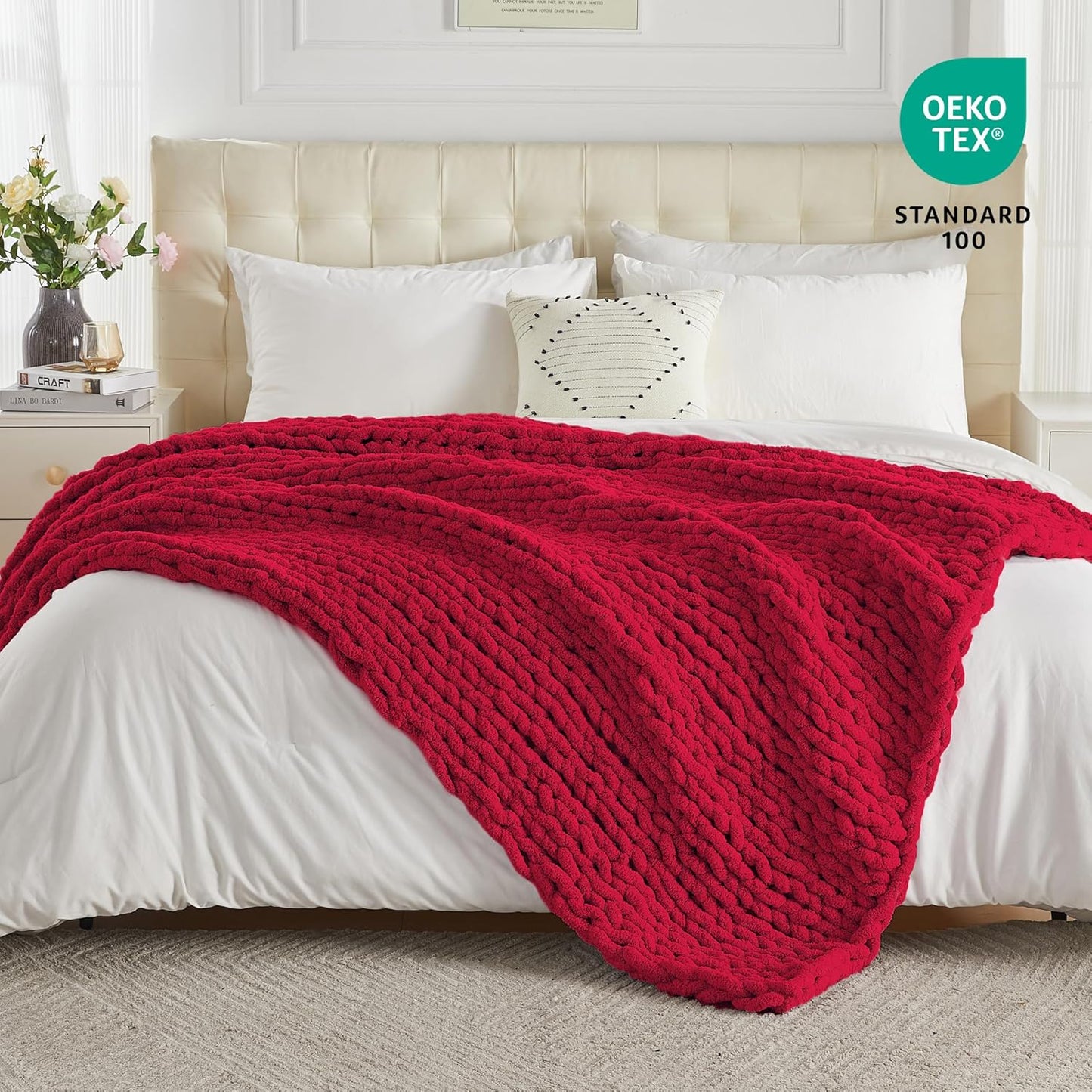 Carriediosa Chunky Knit Throw Blanket 60" X 80" Twin, 100% Hand Made Large Chenille Loop Yarn Soft Fluffy Throws for Couch Sofa Bed, Big Crochet Cozy Heavy Thick Cable Woven Blankets, Red
