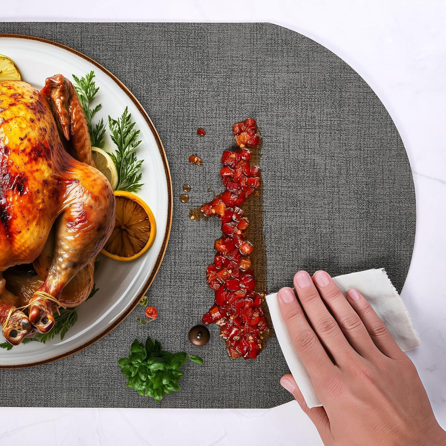 DOLOPL Placemats Set of 6, Oval Reversible Wipeable & Heat Resistant Place Mats, Modern Faux Leather Table Mats for Kitchen, Neutral Tablemats for Dining Table Decor, Wedding, Party(Charcoal)