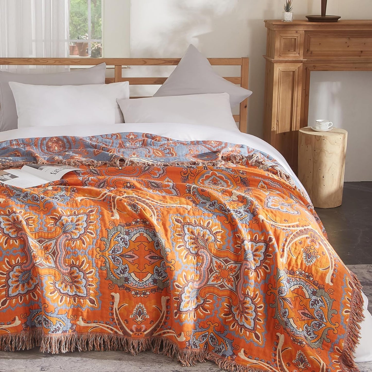 Boho Throw Blanket for Couch Sofa Bed, 100% Cotton Woven Quilt with Tassel 80”x90”, Super Soft Muslin Blanket with Oriental Universe Printed, Decorative Reversible Bed Blanket/Cover for All Seasons