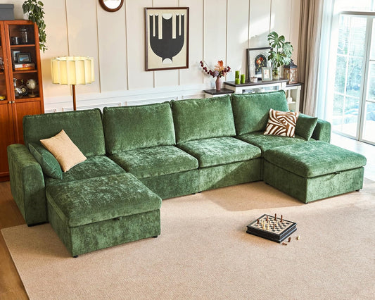 Oversized Modular Sofa Comfy Cloud Couch with Storage, Extra Deep Plush Sectional Sofa Set for Living Room, Covers Washable, Chenille, Olar (Green, 6-Seater with 2 Ottomans, u-Shaped)