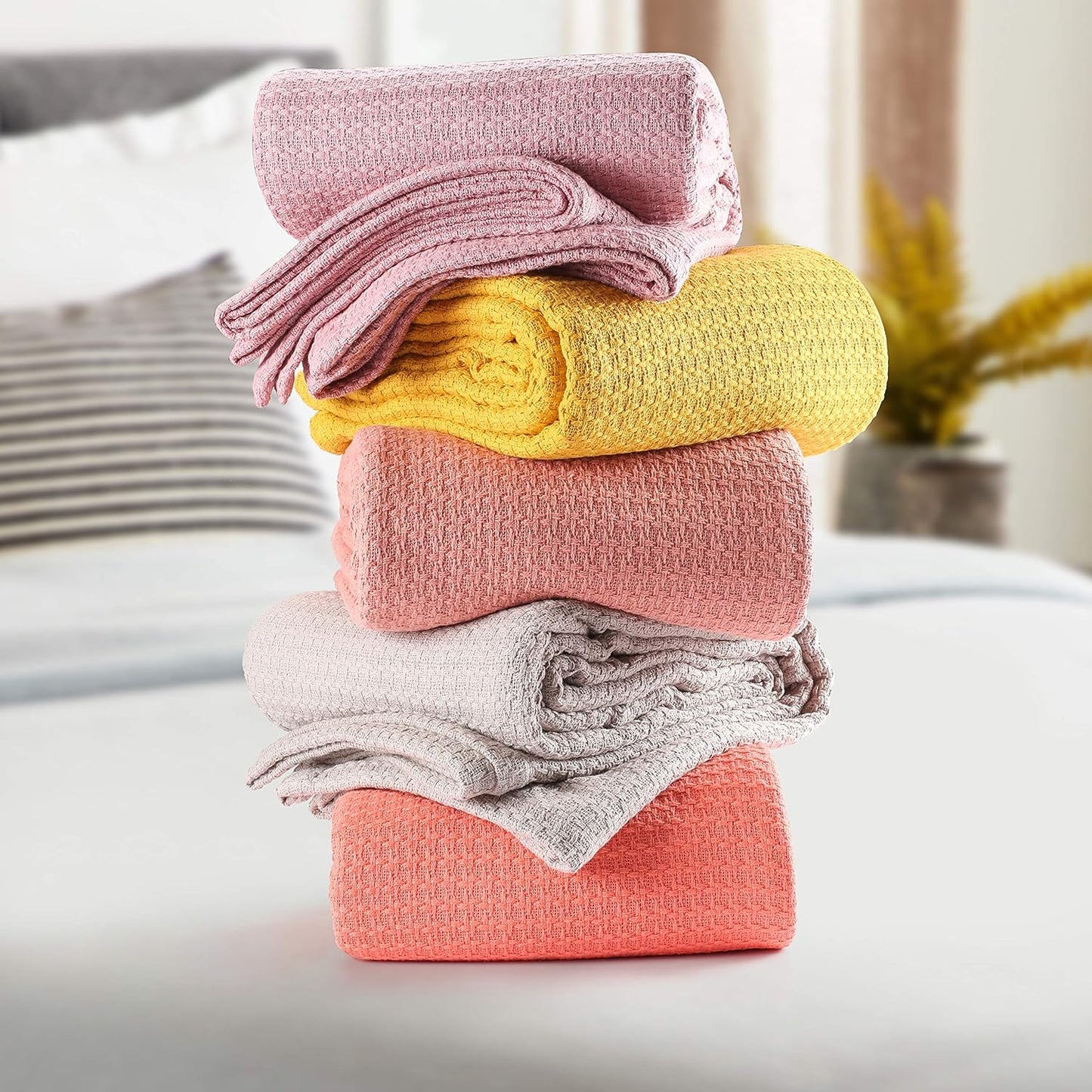 Elvana Home 100% Cotton Bed Blanket, Breathable Bed Blanket Twin Size, Cotton Thermal Blankets Twin, Perfect for Layering Any Bed for All Season, White