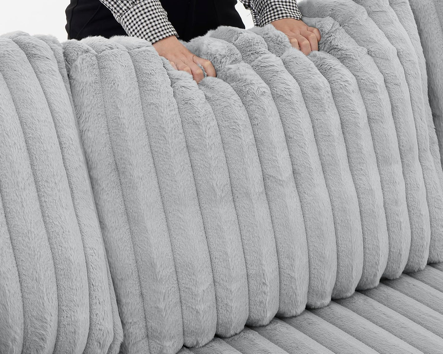 THSUPER Oversized U Shaped Plush Corduroy Fluffy Sectional Sleeper Sofa with Pull Out Bed and Double Storage Chaise for Living Room - Gray