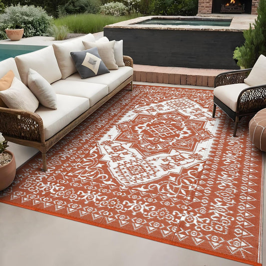 GAOMON Outdoor Rug for Patio 9x18 Waterproof Reversible Plastic Straw Rug, Large UV-Resistant Portable RV Camping Mats, Indoor Outdoor Medallion Carpet for Outside Deck Porch Garden, Red & White