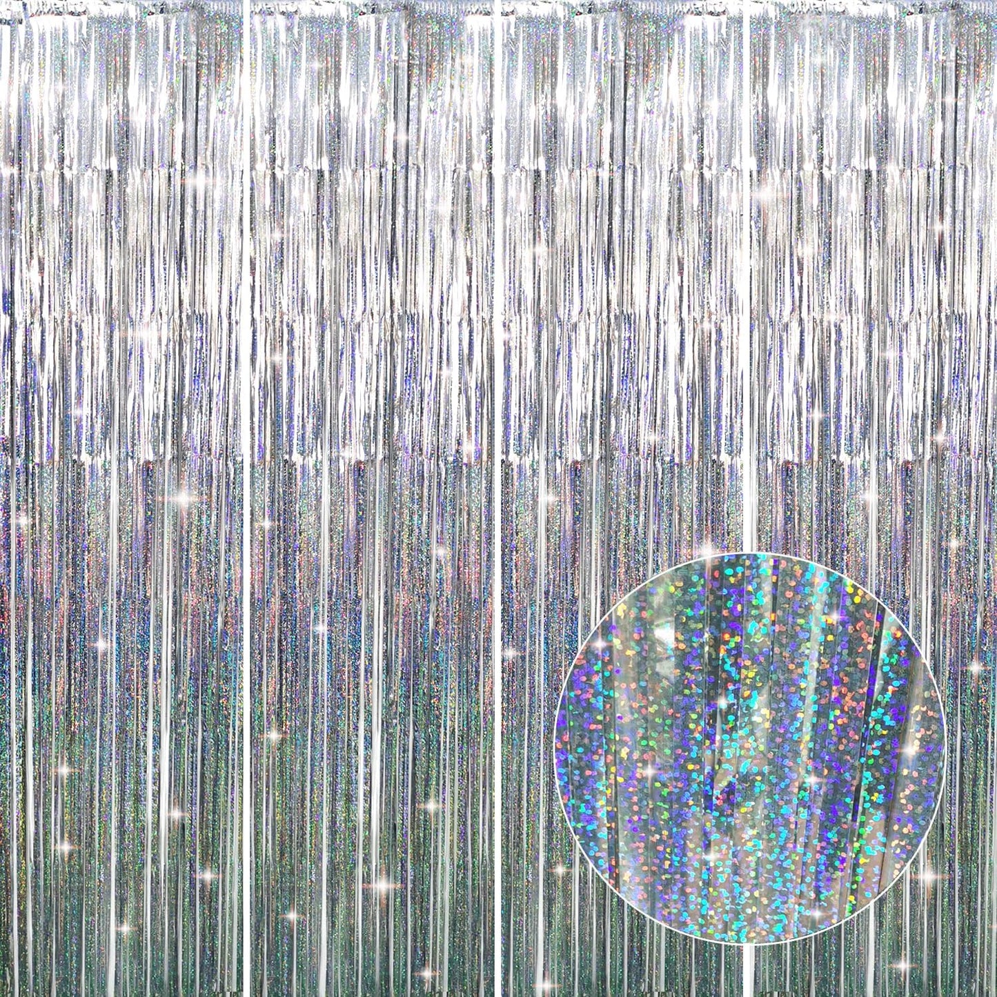 GOER 3.2 ft x 8.2 ft Metallic Tinsel Foil Fringe Curtains Party Photo Backdrop Party Streamers for Birthday,Graduation,New Year Eve Decorations Wedding Decor (4 Packs,Shiny Silver)