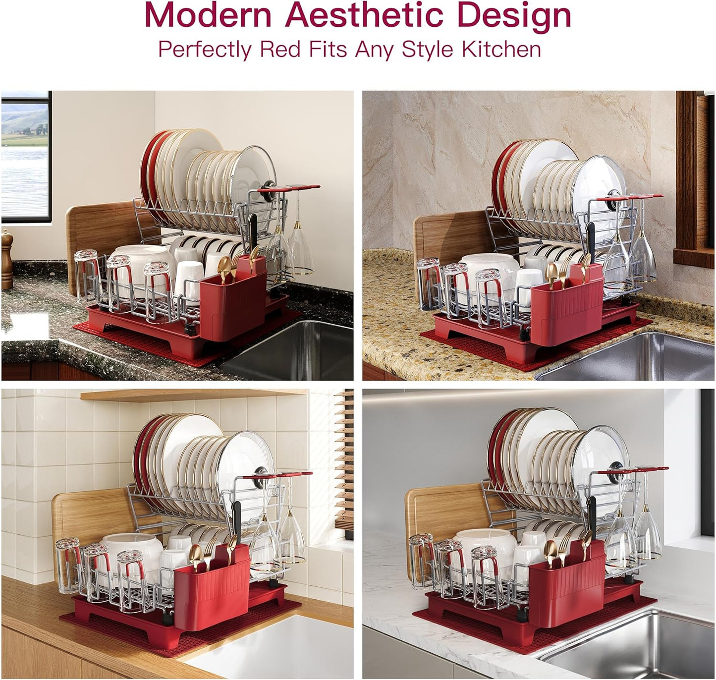 BOOSINY 2 Tier Red Large Stainless Steel Dish Drainers Drying Rack for Kitchen Counter with Drainboard, Rust Proof Metal, Space Saving, Modern Aesthetic, Compact Plates Strainers with Extra Mat