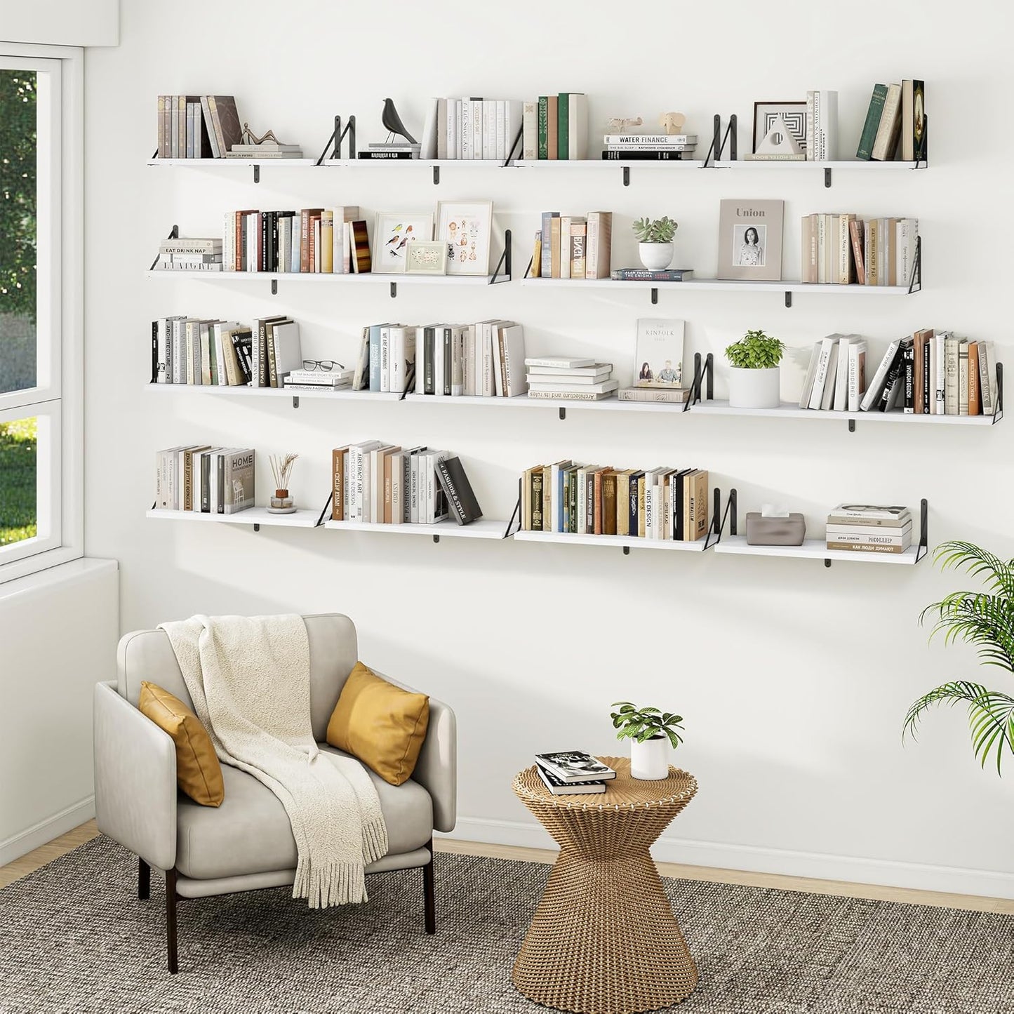 Heimlove 24 Inches White Floating Shelves,8 Inches Deep Wall Bookshelf Mounted Display&Storage Wood Wall Shelves for Kitchen Bathroom Laundry Living Room,Set of 3