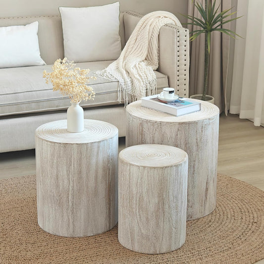 Round Nesting Coffee Table Set of 3, Small Pedestal Stand, Modern Circle Coffee Tables, Wooden Accent Side Table End Footstools for Living Room Office Bedroom, Farmhouse, Whitewashed