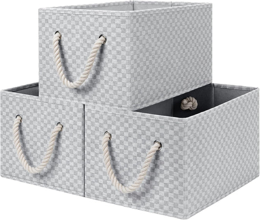 StorageWorks Storage Baskets for Shelves, Foldable Fabric Closet Storage Bins with Handles, Fabric Storage Bins Clothes Organizer, Gray Check, 3-Pack, Large