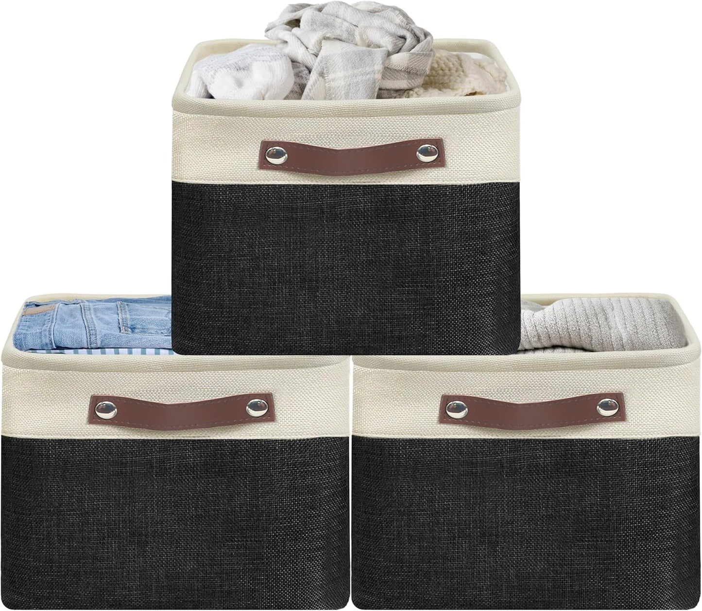 SIMPLE HOUSEWARE Large Fabric Storage Bin, 15" x 11" with Leather Like Handles, 3 Pack, Black