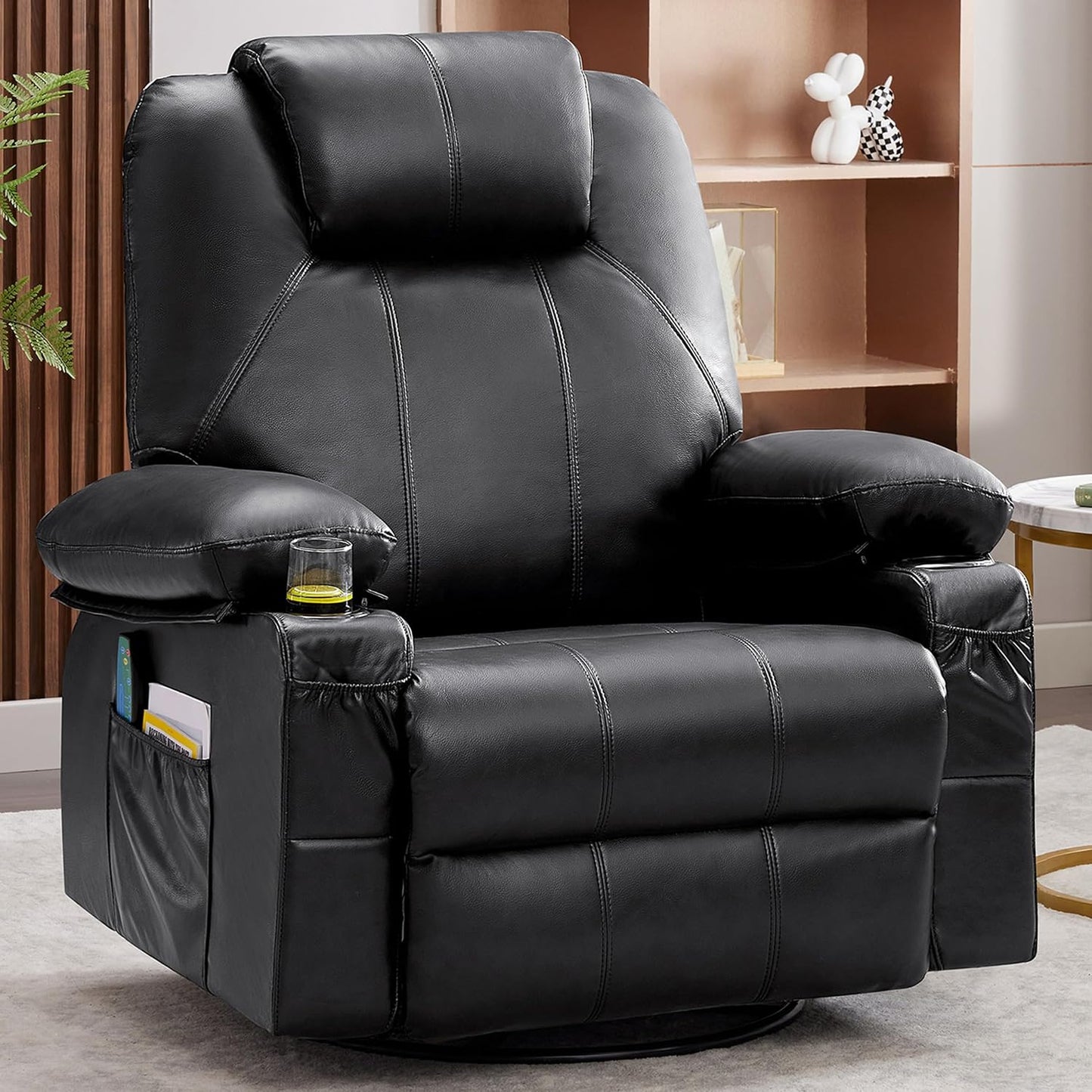 Swivel Rocker Recliner Chair with Heat and Massage, 360 Degree Swivel Rocking Single Sofa with Cup Holders and USB Port, Large Big Recliner Chair for Living Room (Leather, Black)