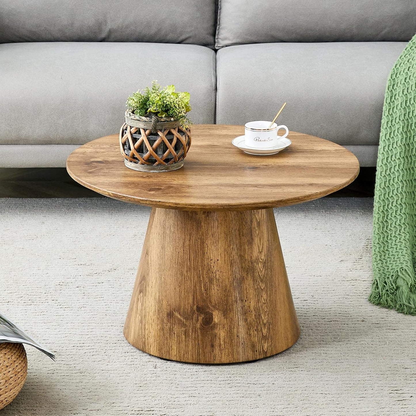 WILLIAMSPACE Round Coffee Table with Wooden Base, Modern Wood Small Circle Coffee Table Center Table with Natural Wood Grain Surface, Accent Side End Table for Living Room Apartment, φ25.6