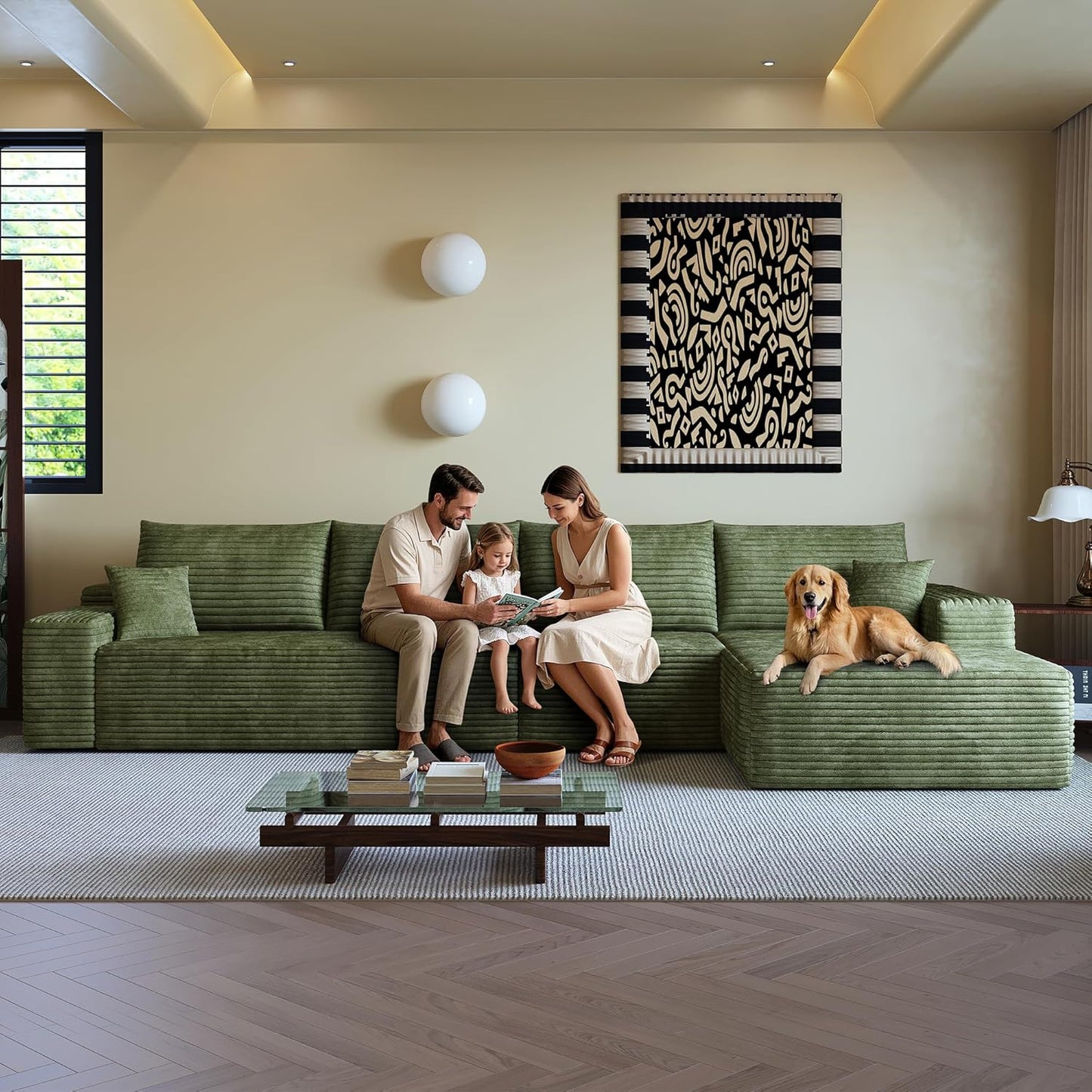 136" Sectional Couches for Living Room Modern Modular Sofa with L-Shape Couchs Upholstered Boneless Couch Deep Seat Sectional Couch with Chaise (Green, Right Facing Chaise+3Seaters)