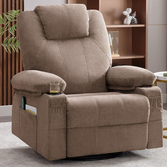 Swivel Rocker Recliner Chair with Heat and Massage, 360 Degree Swivel Rocking Single Sofa with Cup Holders and USB Port, Big Oversized Recliner Chair for Living Room (Fabric, Brown)