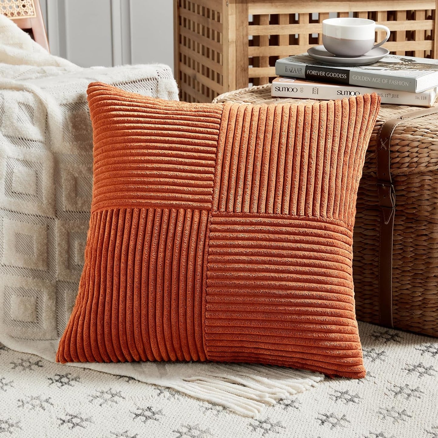 Fancy Homi Set of 2 Burnt Orange Samll Decorative Throw Pillow Covers 12x12 Inch for Living Room Couch Bed, Boho Farmhouse Fall Home Decor, Soft Corss Corduroy Patchwork Textured Cushion Case 30x30cm