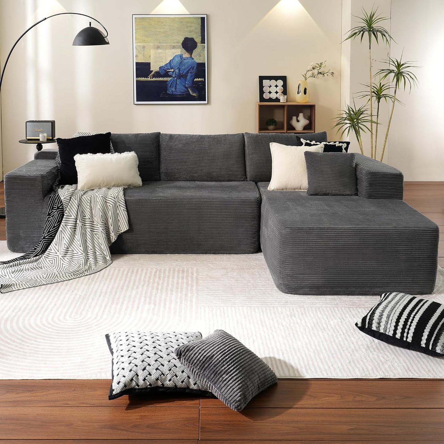 ovios 104" Cloud Sectional Couch with L-Shape Chaise,Modern Modular Sofa with Deep Seat, Upholstered Couches for Living Room Bedroom,No Assembly Required, Grey (Corduroy Fabric)