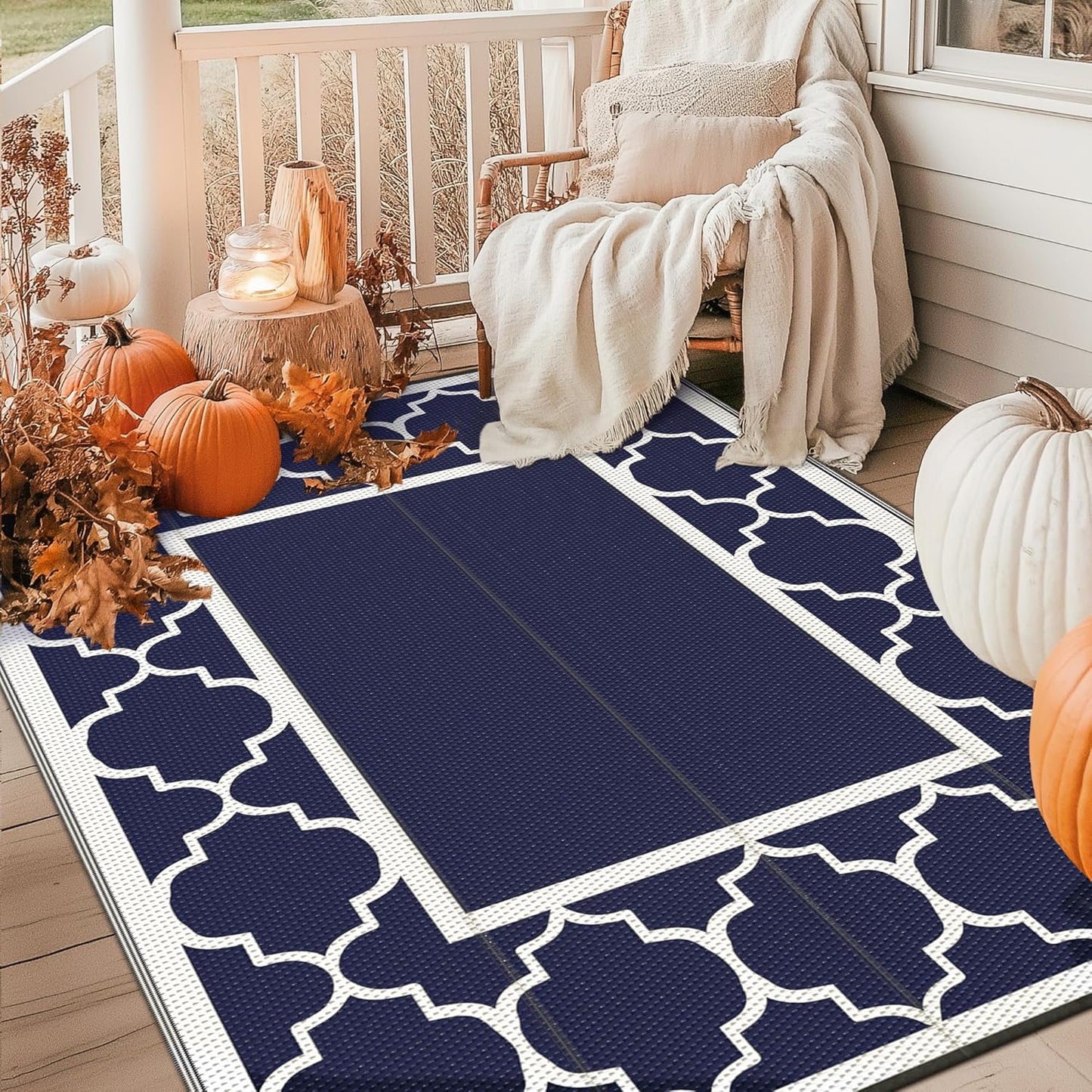 GENIMO 5' x 8' Outdoor Rug Waterproof for Patio Fall Decor, Foldable Reversible Plastic Straw Area Rugs Mat for Camper, Outside Carpet for Rv, Deck, Porch, Picnic, Beach, Balcony, Blue & White