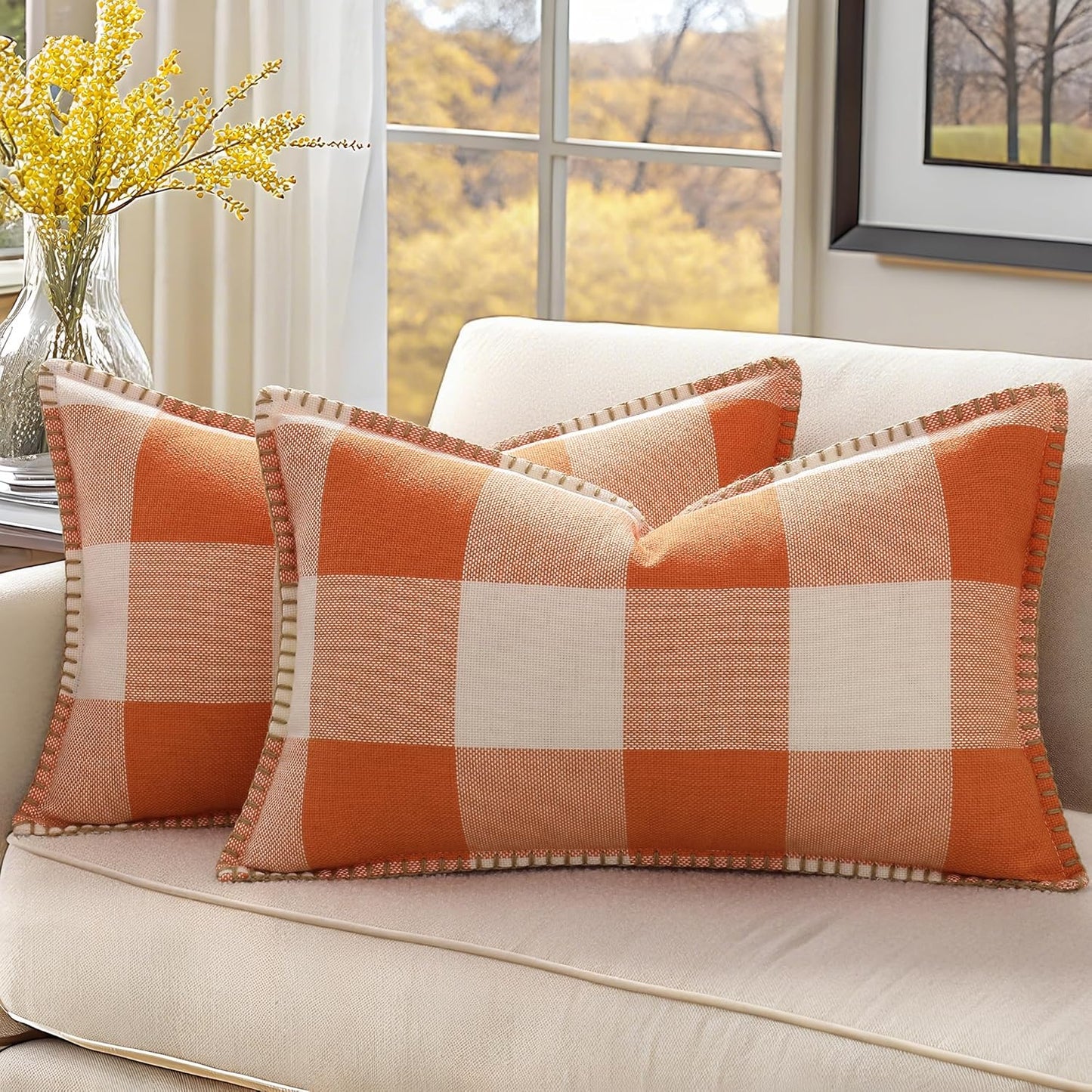 decorUhome Fall Orange and White Decorative Throw Pillow Covers 12x20 Set of 2, Lumbar Buffalo Plaid Check Farmhouse Cushion Covers with Stitched Edge for Autumn Harvest Couch Sofa Bed Home Decor