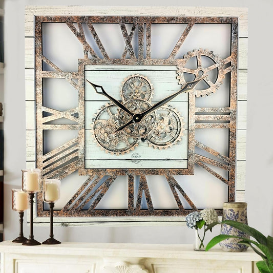 The Gears Clock 24'' Inch Square Real Moving Gear Wall Clock Vintage Industrial Oversized Rustic Farmhouse (White Farmhouse)