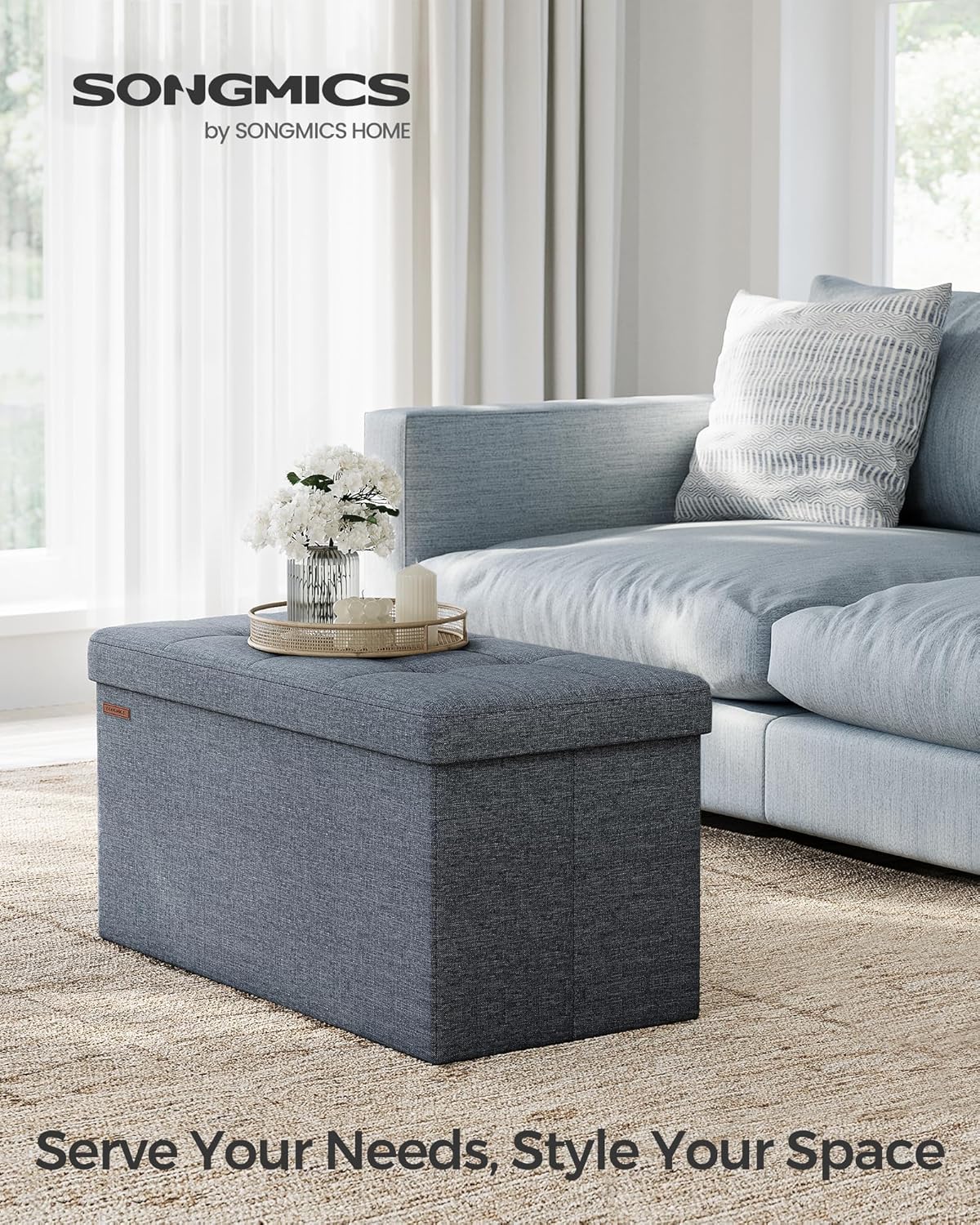 SONGMICS Mazie Collection - 30 Inches Folding Storage Ottoman Bench, Ottoman Foot Rest, End of Bed Bench, Storage Chest, Load 660 lb, for Living Room, Bedroom, Entryway, Misty Blue ULSF047Q01