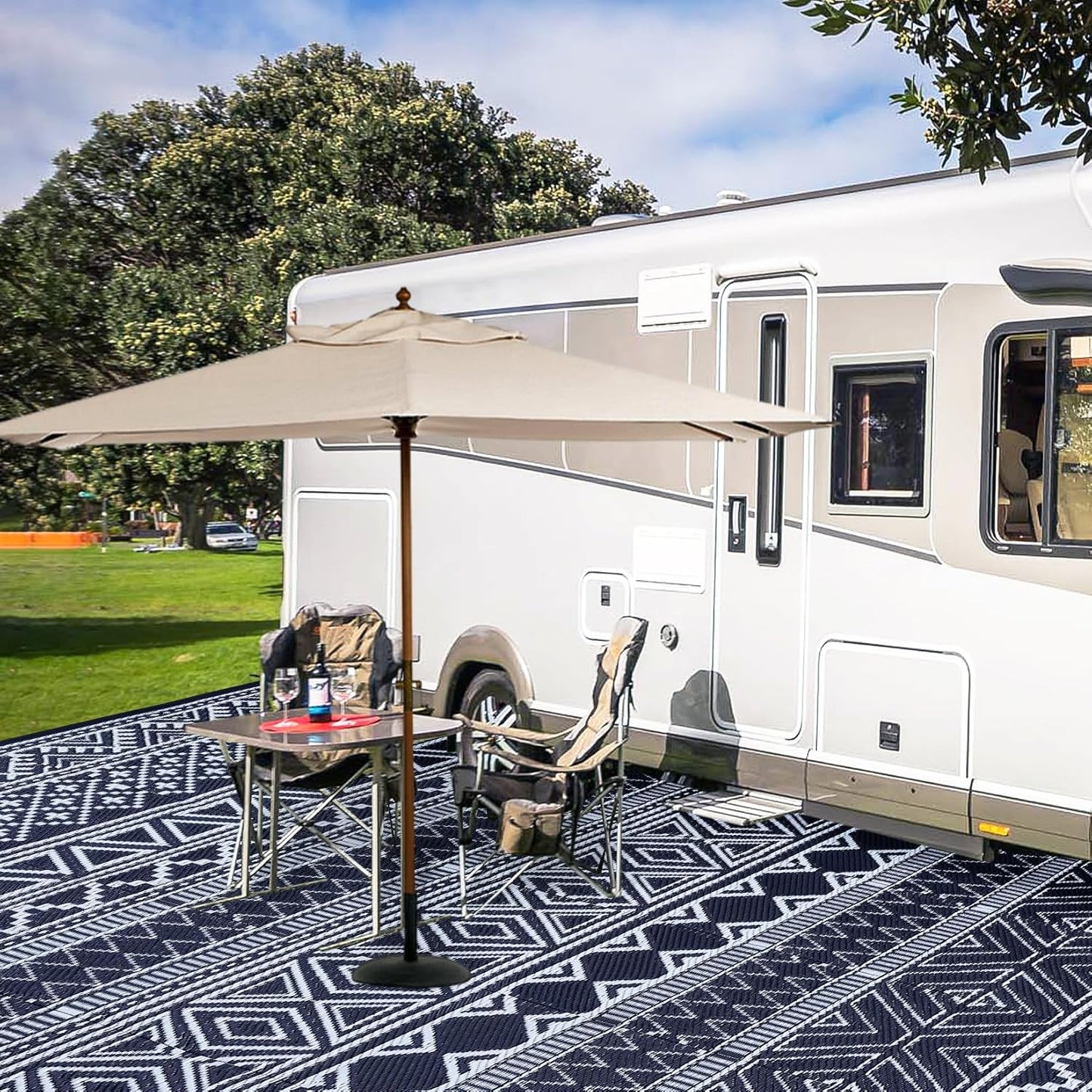 GAOMON Outdoor Rugs Patio Camping Waterproof Rug 6'x9' Plastic Straw Patio Rug Portable for Campers, Outside RVs Mat for Patios Clearance, Backyard Porch, Balcony, Dark Blue/White(Bohemia)